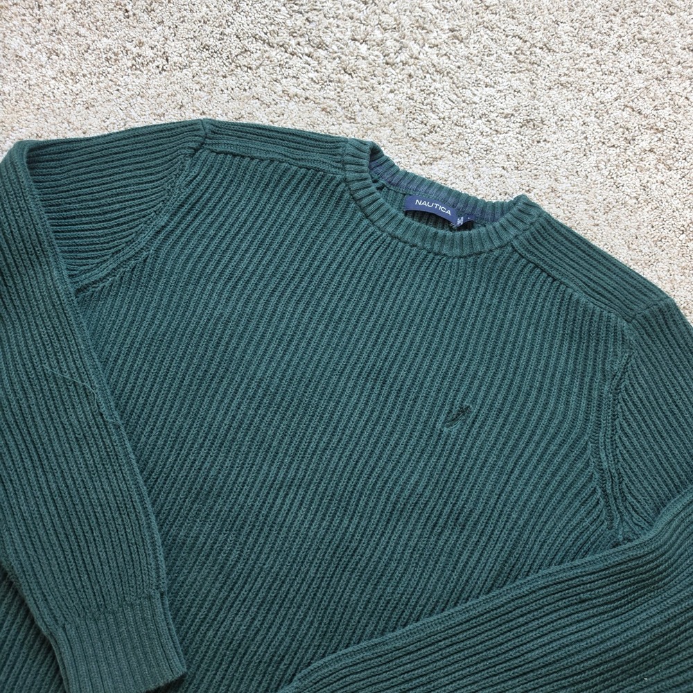 Nautica Sweater Mens Large Green 100% Cotton Ribbed Knit Crewneck Preppy Adult